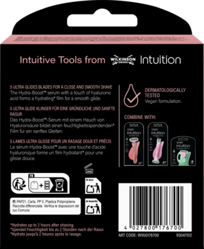 Tył czarnego opakowania Wilkinson Intuition Complete 5 ostrzy, kwas hialuronowy, barcode.