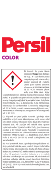 Etykieta opakowania proszku do prania Persil Color, z wyraźnym czerwonym logo i fioletowym napisem. Widoczny symbol ostrzegawczy.