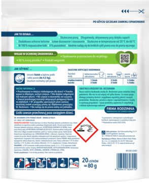 Tył opakowania z instrukcjami: Dr. Beckmann Magic Leaves Kolor, Orange & Peach, 20 listków, biało-zielony.