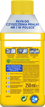 Tył żółtej butelki płynu do czyszczenia pralek 250 ml, z polskimi instrukcjami i logo Cleanright.