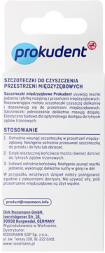 Tył opakowania szczoteczek międzyzębowych Prokudent, z instrukcją użycia i danymi producenta. Biało-niebieskie.