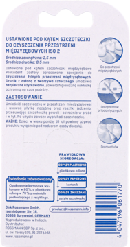 Tył opakowania szczoteczek międzyzębowych Prokudent ISO 2 z instrukcjami, segregacją odpadów i kodem kreskowym.