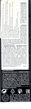Tył opakowania farby do włosów Indola Crea-bold Pastel Lavender, instrukcje wielojęzyczne i symbole recyklingu.