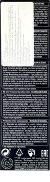 Tył opakowania Indola Crea-bold, z białą naklejką, tekstami, ostrzeżeniami i symbolami recyklingu.