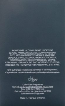 Tył opakowania perfum Calvin Klein CK Free, ciemne tło z białą listą składników i danymi producenta.