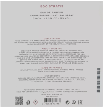Tył opakowania Juliette Has a Gun Ego Stratis Eau de Parfum, z czarnym tekstem opisu i składników.