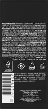 Czarny tył pudełka perfum YSL Y Le Parfum z białymi napisami, listą składników, kodem kreskowym i ikonami.