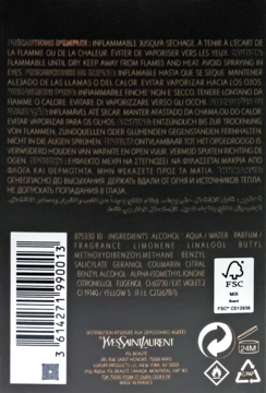 Tył czarnego opakowania wody toaletowej L'Homme Cologne Bleue z białymi napisami, kodem kreskowym i logo YSL.