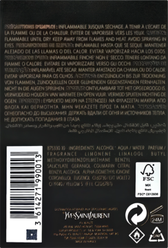 Tył opakowania wody toaletowej L'Homme Cologne Bleue YSL z ostrzeżeniami, składem i kodem kreskowym.