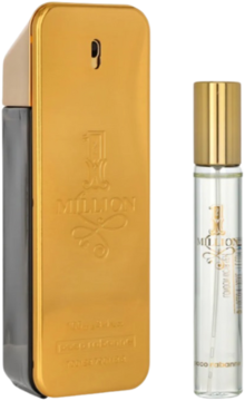 Zestaw Paco Rabanne 1 Million dla mężczyzn: ikoniczna złota butelka 100ml i miniatura 20ml.