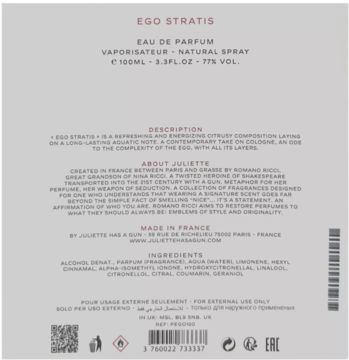 Tył opakowania perfum Ego Stratis Eau de Parfum Juliette Has A Gun, z tekstem, składem i kodem kreskowym.