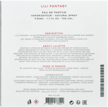 Tył opakowania perfum Lili Fantasy Juliette Has A Gun 50ml, biały kartonik z czarnym tekstem i kodem kreskowym.