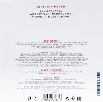 Tył białego opakowania perfum Lipstick Fever EDP 100ml. Widoczne szczegóły zapachu, skład i producent.