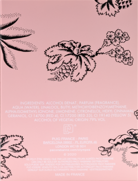 Tył opakowania Paco Rabanne Olympéa Blossom perfum, różowe z czarnymi kwiatami i listą składników.