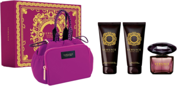 Zestaw zapachowy Versace Crystal Noir: woda toaletowa, 2 tubki, kosmetyczka i ozdobne pudełko na fioletowym tle.