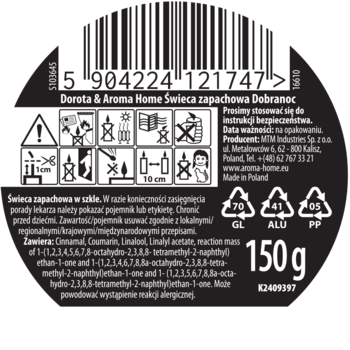 Czarne, okrągłe dno świecy Dorota & Aroma Home Dobranoc 150g z kodem kreskowym, ikonami ostrzegawczymi i tekstem.