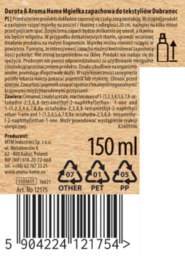 Tył czarnej etykiety mgiełki zapachowej Dorota & Aroma Home Dobranoc 150ml z kodem, ikonami recyklingu.