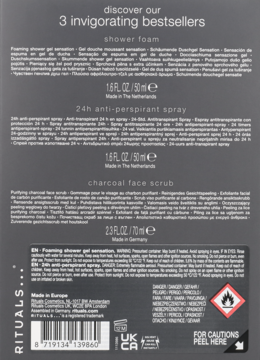 Tył opakowania zestawu Rituals Homme z listą trzech produktów i pojemnościami, na ciemnoszarym tle z białym tekstem.