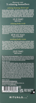 Zestaw Rituals 3 bestsellerów: żel, peeling i kojący krem do ciała. Ciemnozielone pudełko, tył z opisami produktów.