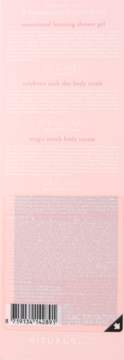 Back of a pink Rituals gift set box, detailing 3 bestsellers: shower gel, body scrub, and body cream. Barcode visible.