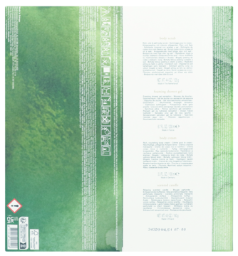 Tył zielonego pudełka Rituals The Ritual of Jing set, z białą etykietą opisującą produkty i ich składniki.