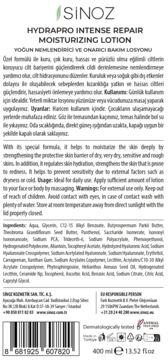 Tył białego opakowania SINOZ HYDRAPRO INTENSE REPAIR MOISTURIZING LOTION z opisem i kodem kreskowym.