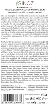 Tył białej butelki Sinoz Face Cleansing Gel for Normal Skin 400ml z czytelną listą składników.