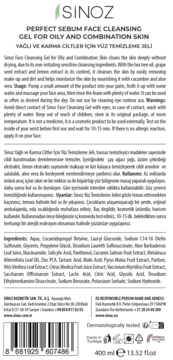Tył opakowania Sinoz Perfect Sebum Face Cleansing Gel 400 ml, biała butelka z tekstem i kodem kreskowym.