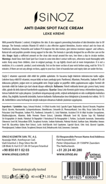 Tył opakowania kremu SINOZ Anti Dark Spot Face Cream, z listą składników i danymi producenta.