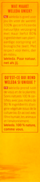 Panel Weleda na żółtym tle z tekstem o naturalnych składnikach, kontekst Olejku do masażu z nagietkiem.