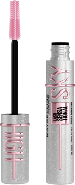 Srebrny tusz Maybelline Lash Sensational Sky High z brokatem, różowymi detalami, otwarty z wyciągniętą szczoteczką.