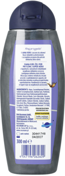 Tył srebrnej, metalicznej butelki Isana Kids żel pod prysznic Super Hero 300ml z etykietą i składem.
