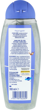 Tył butelki żelu Isana Kids Super Hero, 300 ml, z listą składników i kodem kreskowym, na białej etykiecie.