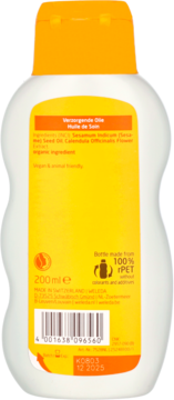 Tył butelki oliwki pielęgnacyjnej Weleda Baby 200ml, żółta etykieta, składniki, informacja o 100% rPET.