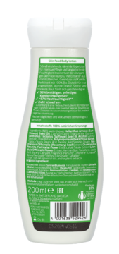 Tył opakowania Weleda Skin Food Body Lotion 200ml. Biało-zielona butelka dla suchej skóry, widoczny skład INCI.