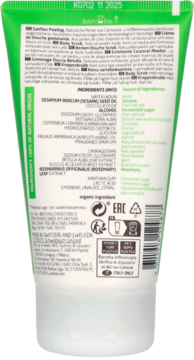 Tył tubki Weleda Pearl Scrub, brzozowego peelingu do ciała, z zieloną nakrętką i listą składników INCI.