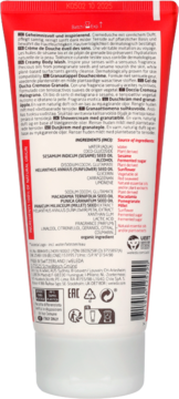 Tył tubki Weleda Creamy Body Wash z granatem, biało-czerwone opakowanie z listą składników i opisem.