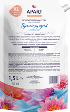 Tył saszetki mydła Apart Family Care 1,5L Tajemniczy Ogród, białe opakowanie z liliami wodnymi.