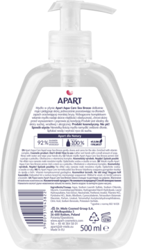 Tył przezroczystego mydła w płynie Apart Aqua Care Sea Breeze 500ml z etykietą, składem i opisem PL/EN.