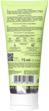Tył zielonej tubki so!flow, enzymatyczny peeling do twarzy 75 ml, z opisem działania i składnikami.