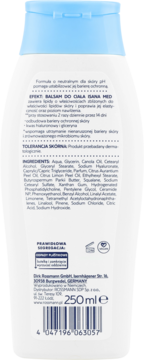 Tył białego balsamu do ciała Isana Med, składniki, objętość 250ml, dane producenta, kod kreskowy.