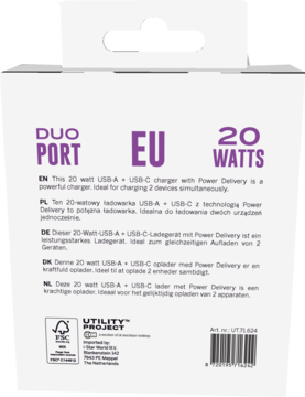 Tył białego opakowania ładowarki USB-A + USB-C 20W. Widoczne informacje o Power Delivery i 2 portach.