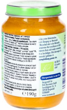 Szklany słoiczek Warzywa z batatami Babydream 190g, tył opakowania z zielono-białą etykietą, widok pod kątem.