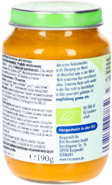 Tył słoiczka Babydream Mix warzyw 190g. Zielona etykieta z niemieckim tekstem, logo bio, info Rossmann.