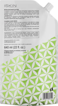 Tył zapasu mydła Proskin Laboratory Mango-Kokos, 640ml, z opisem i składnikami na zielono-białym tle.