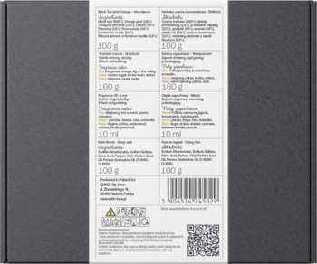 Tył czarnego zestawu With Love dla Ryb, z białą etykietą opisującą produkty do aromaterapii i barcode.