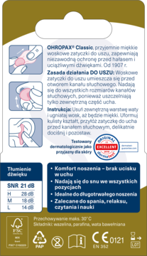 OHROPAX Classic ,zatyczki do uszu, z formowalnego wosku,tył