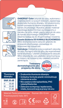 Tył opakowania piankowych zatyczek OHROPAX Color, z instrukcjami użytkowania i specyfikacją tłumienia dźwięku SNR 35 dB.