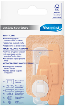 Viscoplast Zestaw Sportowy, przezroczyste opakowanie plastrów, widok z przodu, beżowe plastry: elastyczne, piankowe, wodoodporne.