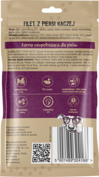 Tył brązowej torebki DogWay Filet z Piersi Kaczej dla psów. Fioletowy panel z ikonami, kod kreskowy, pies w okularach.